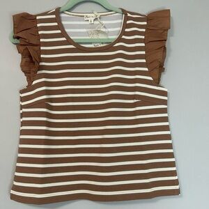 NWT Hem & Thread Tan and White Striped Ruffle Sleeve Top, Size S